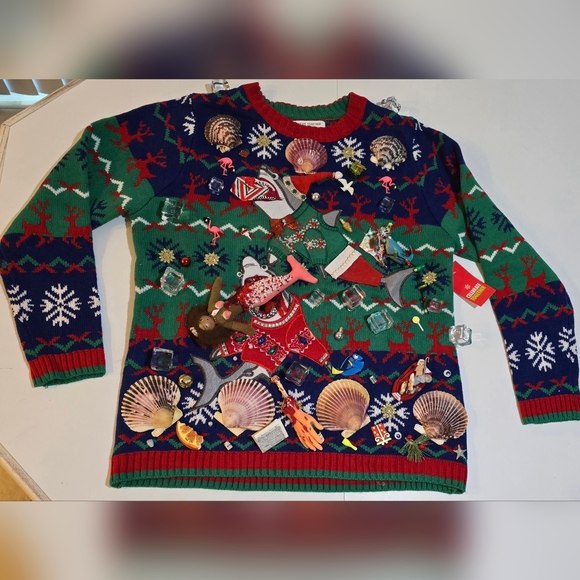 One of a Kind "Sharks Steal Christmas" Sweater Unisex Large - Picture 4 of 15